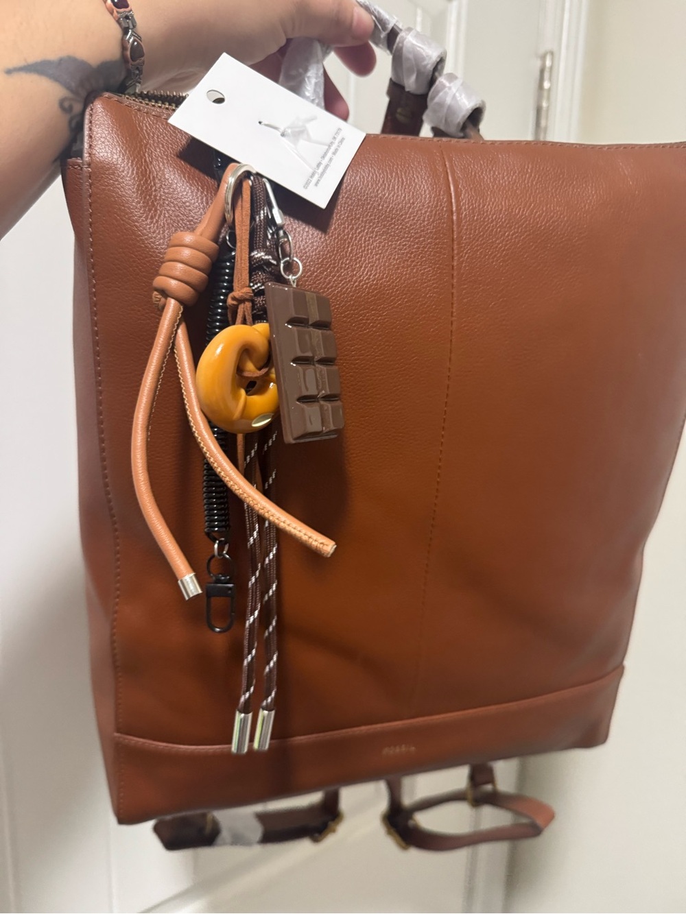 NWT Fossil Brown Leather Tote Backpack with Charm Accents